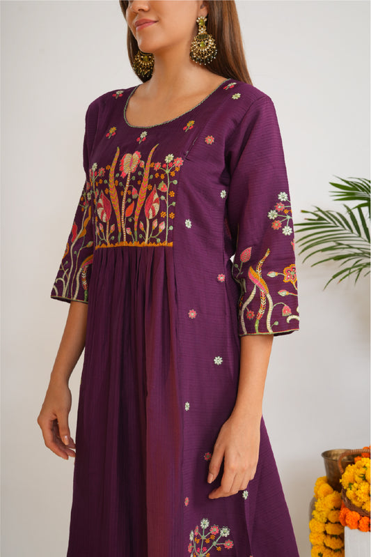 Floral Embroidered Empire Thread Work A-Line Kurta With Trousers & Dupatta