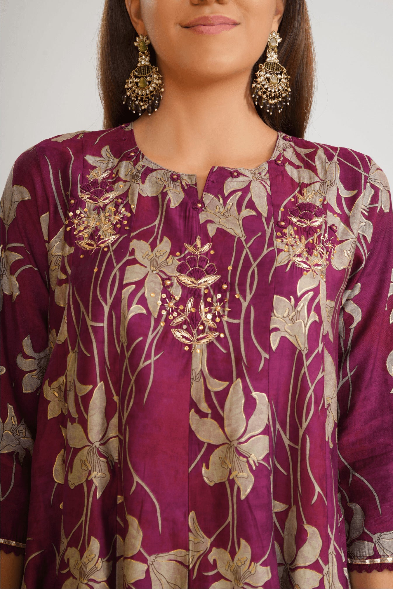 Women Floral Printed Cotton Anarkali Kurta with Trousers & Dupatta