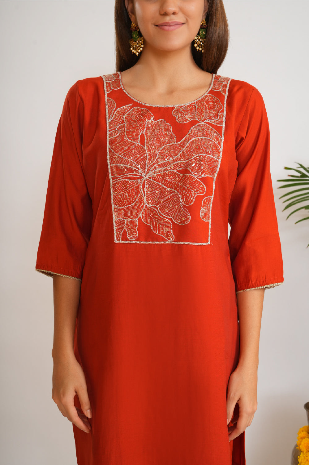 Floral Embroidered Thread Work Straight Kurta With Trousers & Dupatta