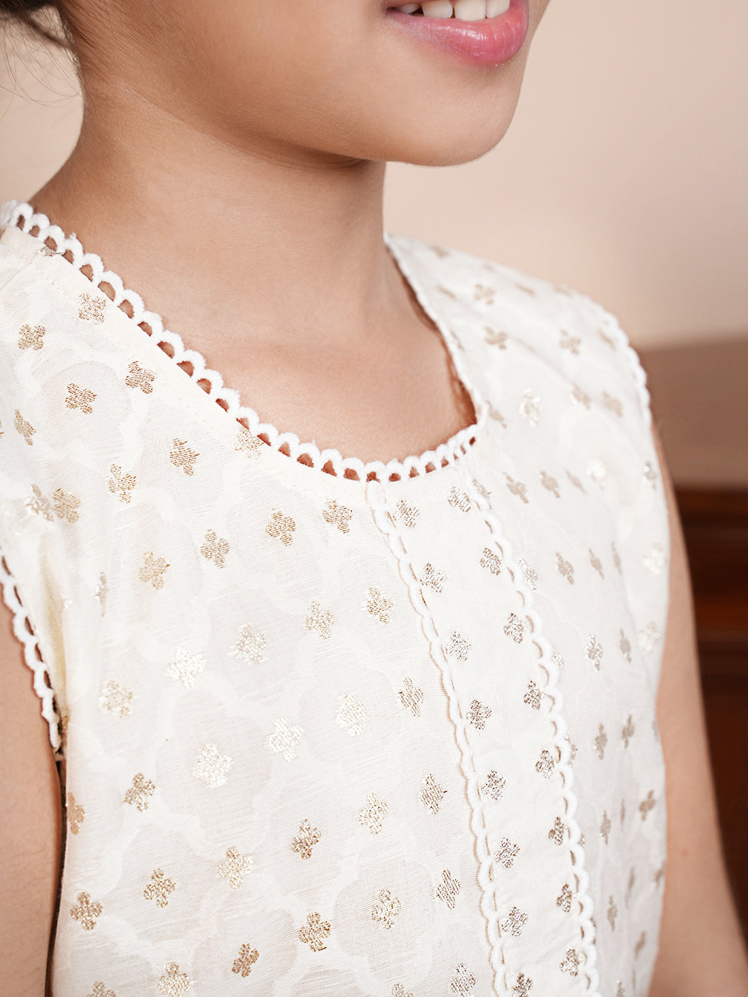 Lace work off white kurta set