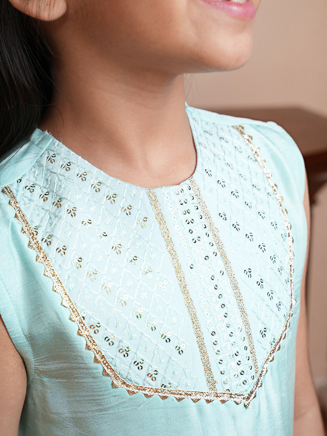 Sequins work turquoise blue kurta set with dupatta