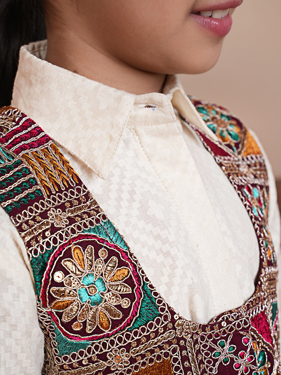 Girls Woven Design Embroidered Kurta with Palazzos and Jacket