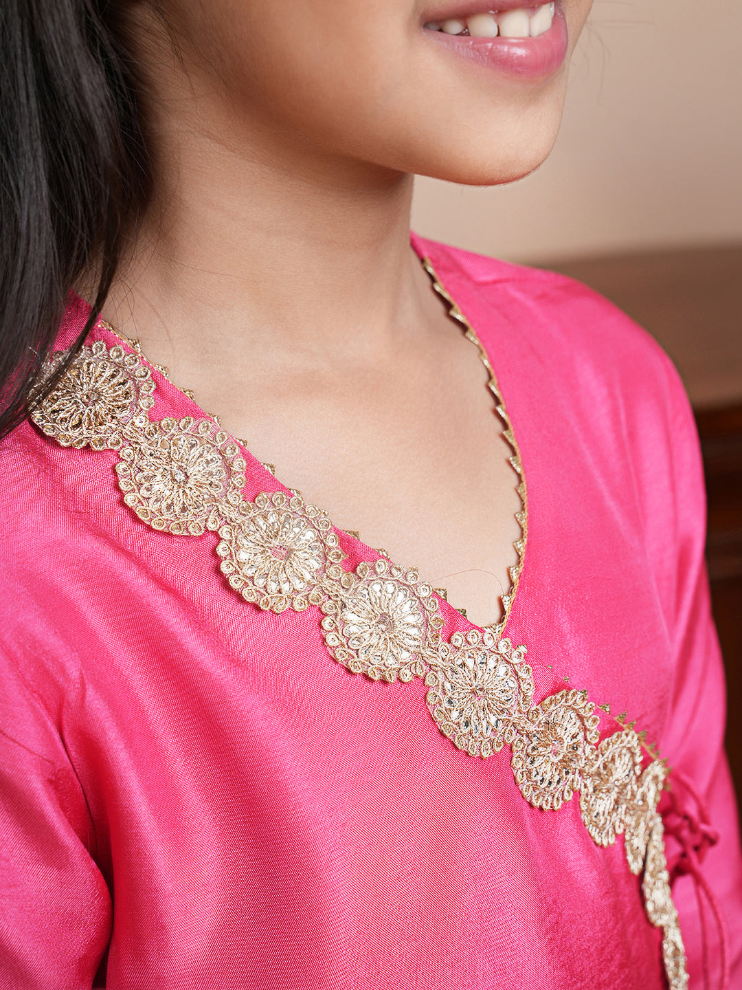Pink angrakha kurta set with orange dupatta