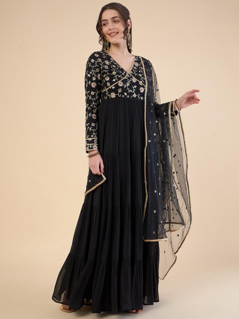 Floral Embroidered Siquinned V-Neck Flared Georgette Ethnic Dress With Duppatta