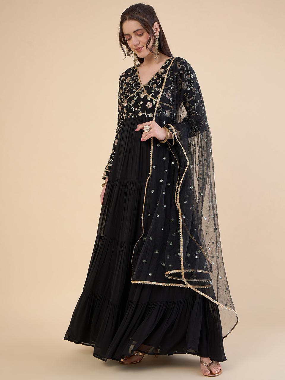 Floral Embroidered Siquinned V-Neck Flared Georgette Ethnic Dress With Duppatta