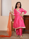 Pink angrakha kurta set with orange dupatta