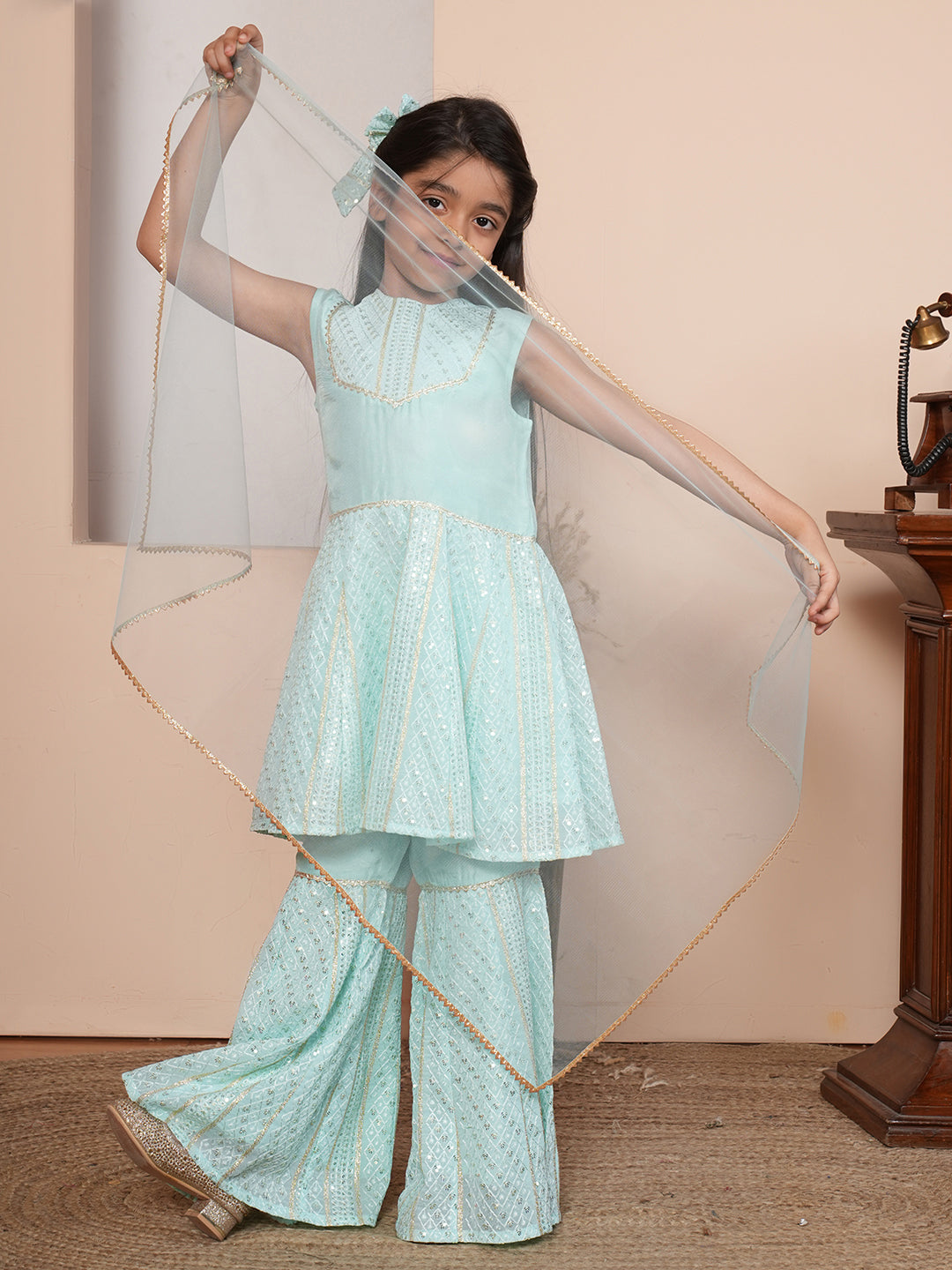 Sequins work turquoise blue kurta set with dupatta