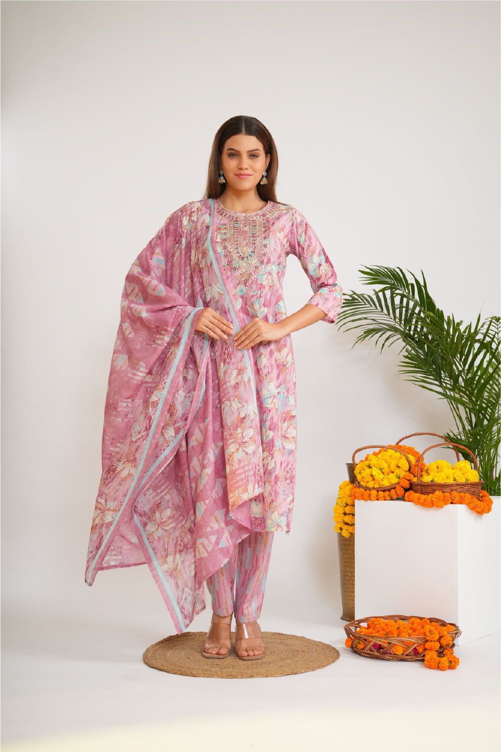 Women Floral Print Thread Work Pure Cotton Kurta with Trousers & Dupatta