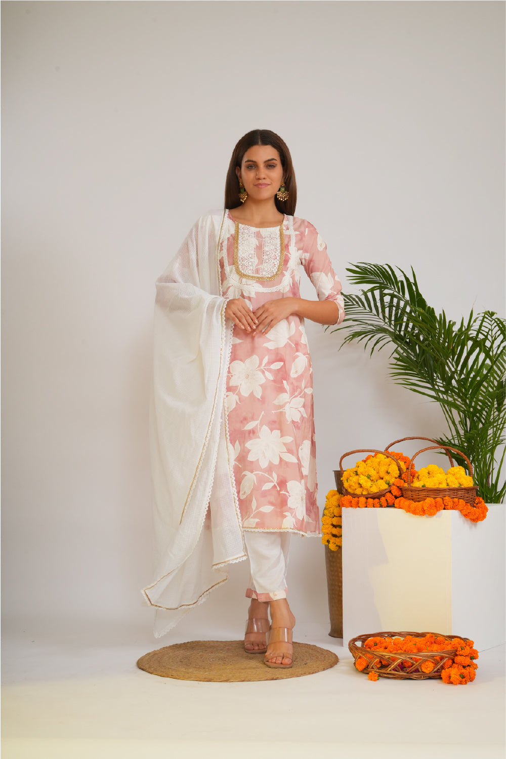 Women Floral Print Gotta Patti Pure Cotton Kurta with Trousers & Dupatta