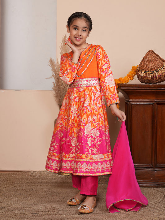 Floral printed orange and pink kurta set with dupatta