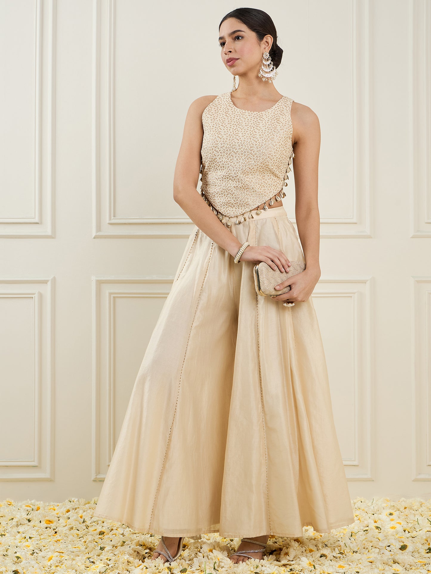 Embroidered Round Neck Top With Palazzos