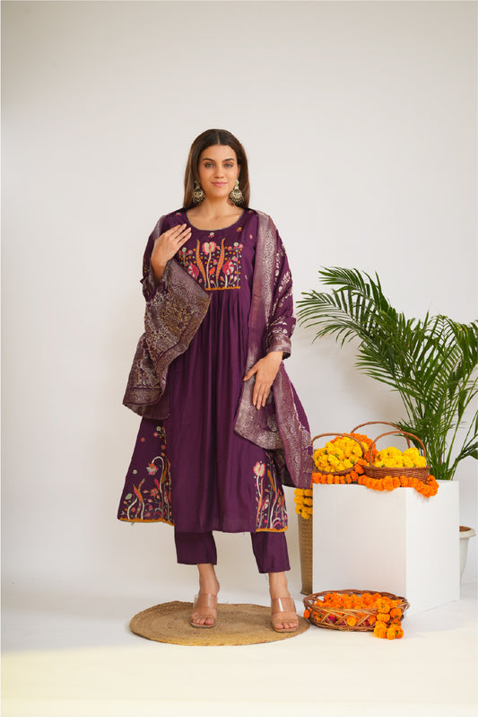 Floral Embroidered Empire Thread Work A-Line Kurta With Trousers & Dupatta