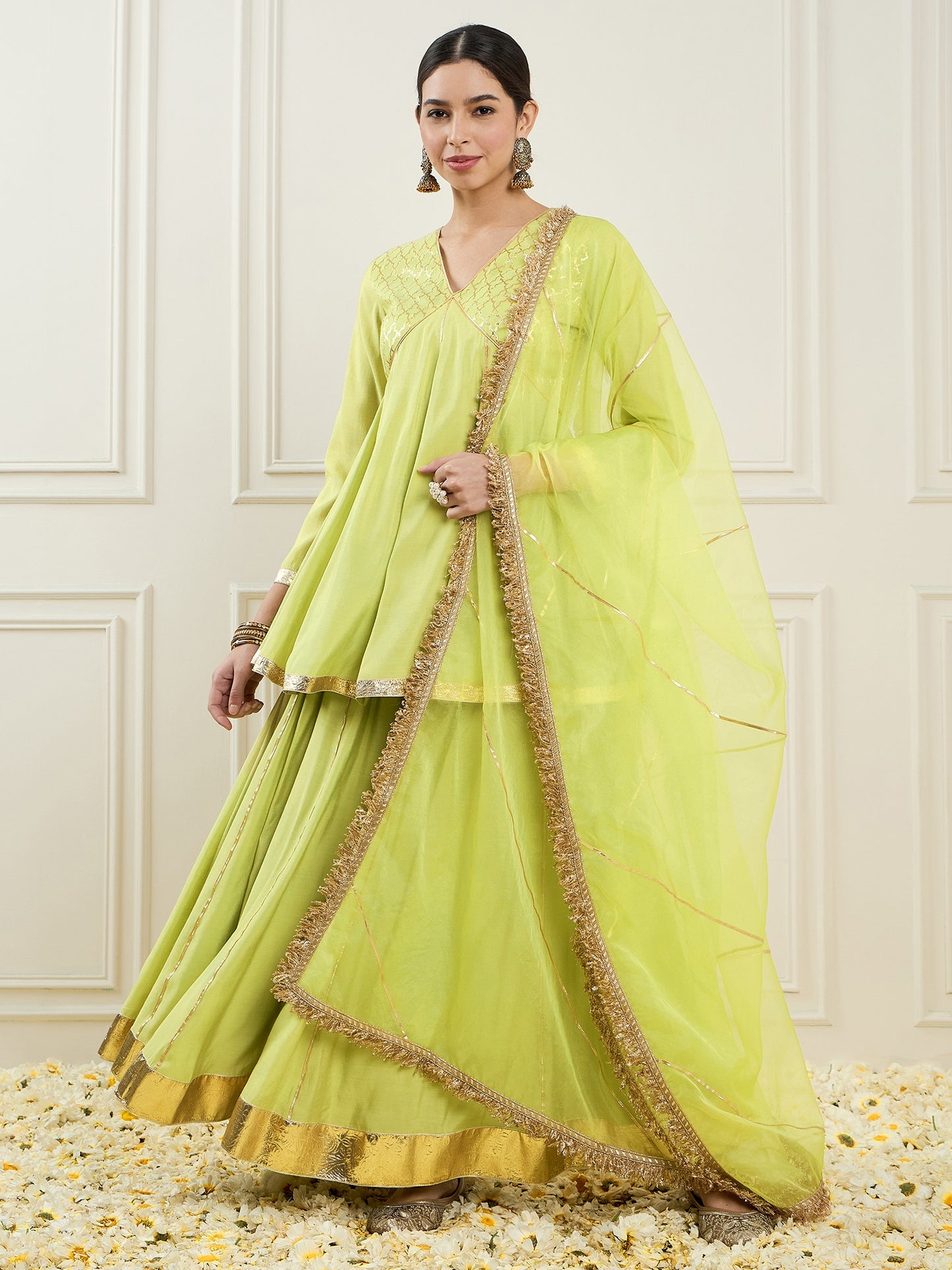 Empire V-Neck Chanderi Silk A-Line Kurta with Palazzo & Dupatta