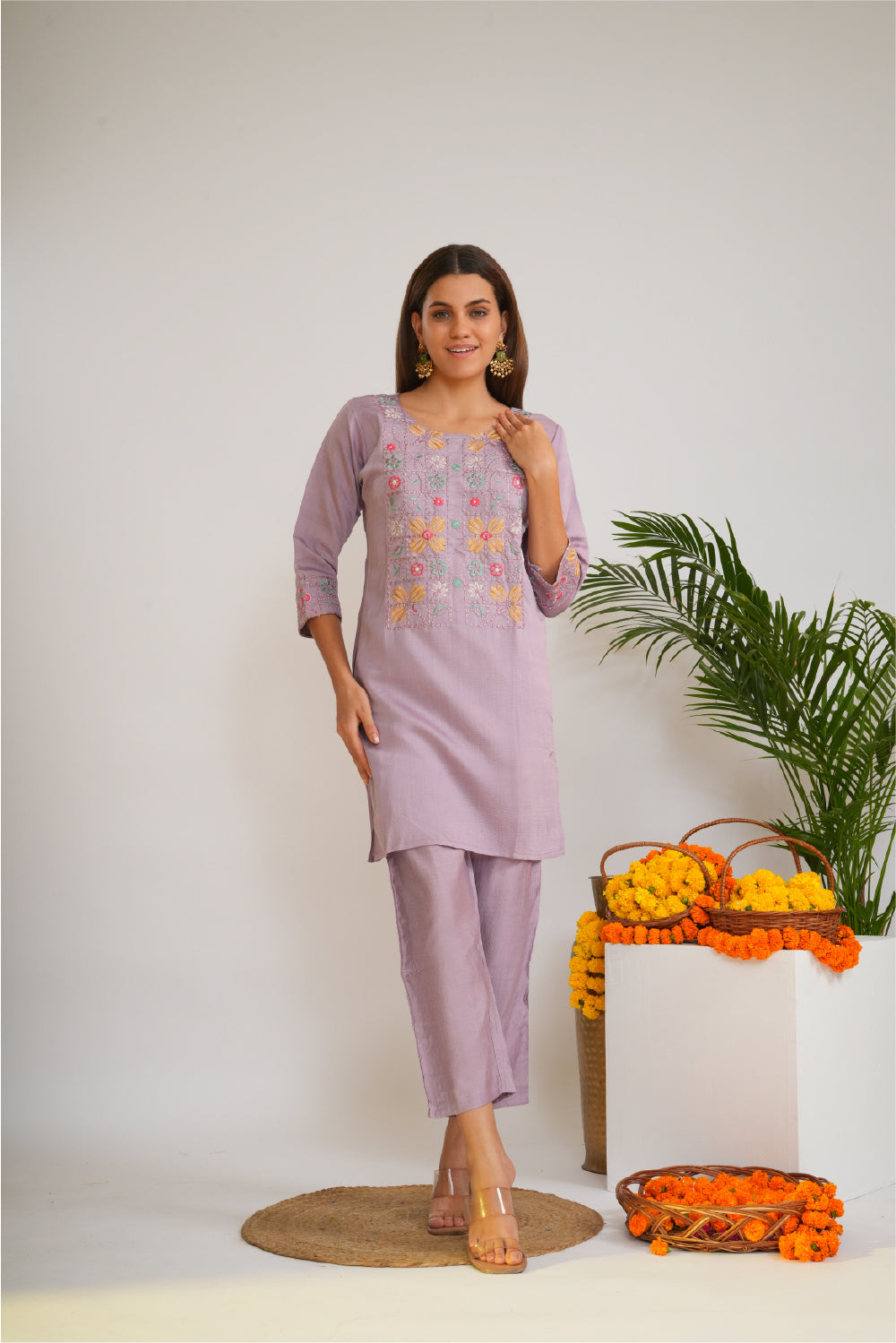 Embroidered Round Neck Tunic With Trousers