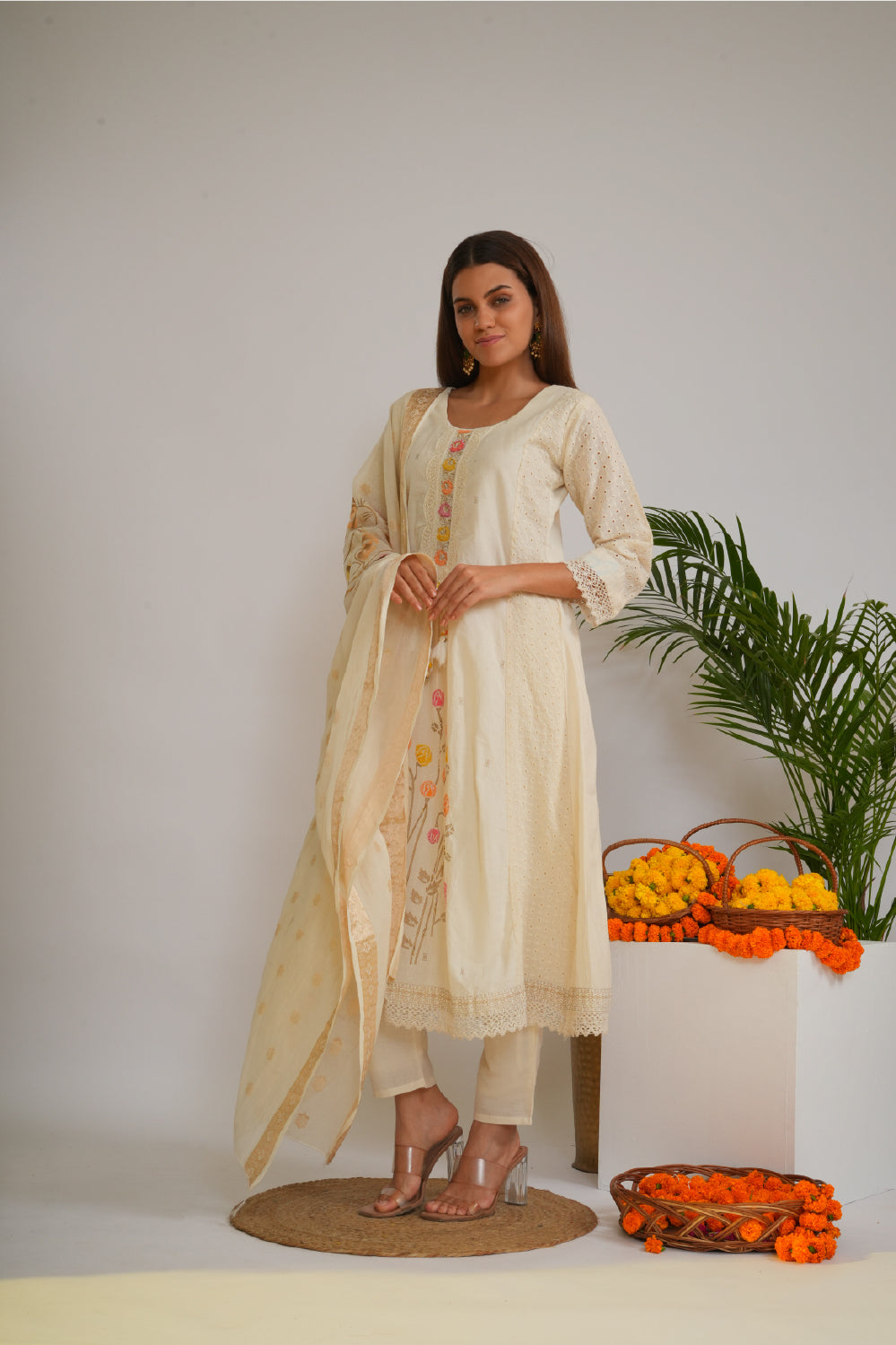 Women Floral Embroidered Thread Work Chanderi Cotton Kurta with Trousers & Dupatta