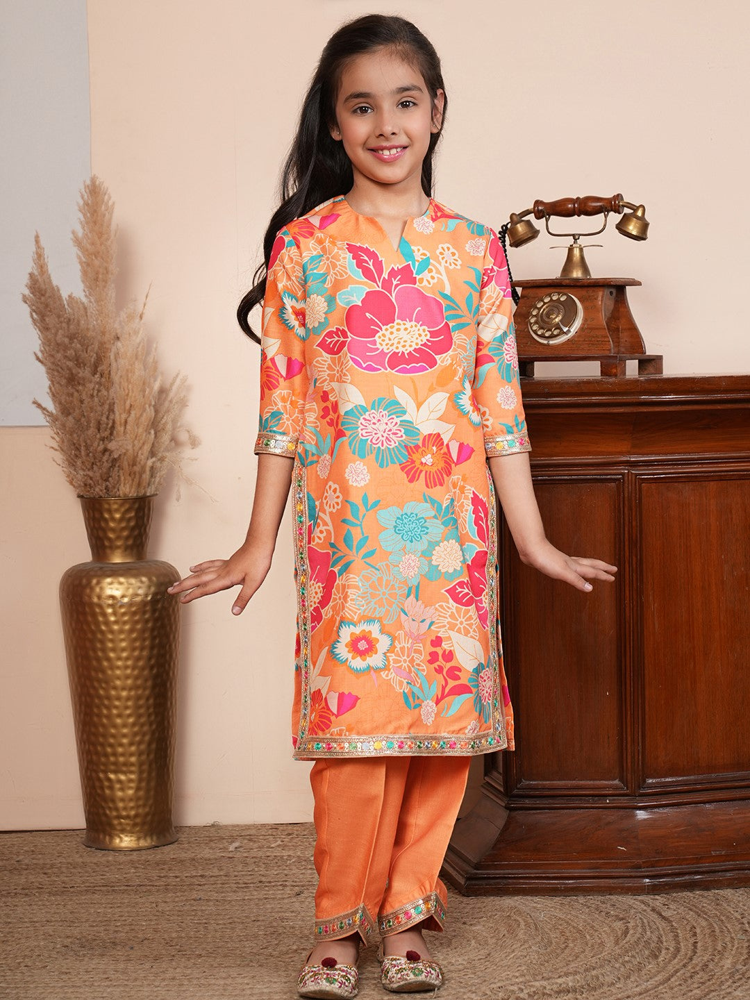 Floral printed orange kurta set