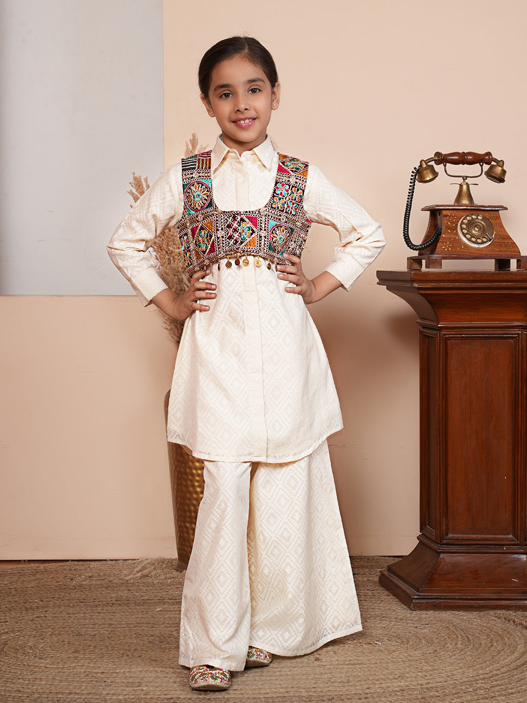 Girls Woven Design Embroidered Kurta with Palazzos and Jacket