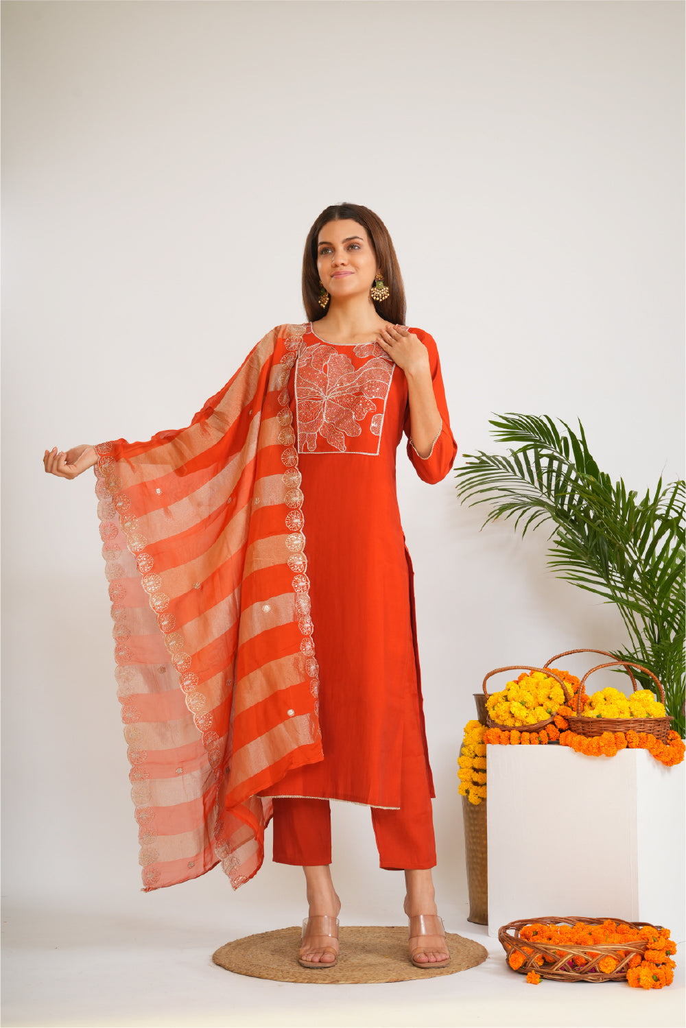 Floral Embroidered Thread Work Straight Kurta With Trousers & Dupatta
