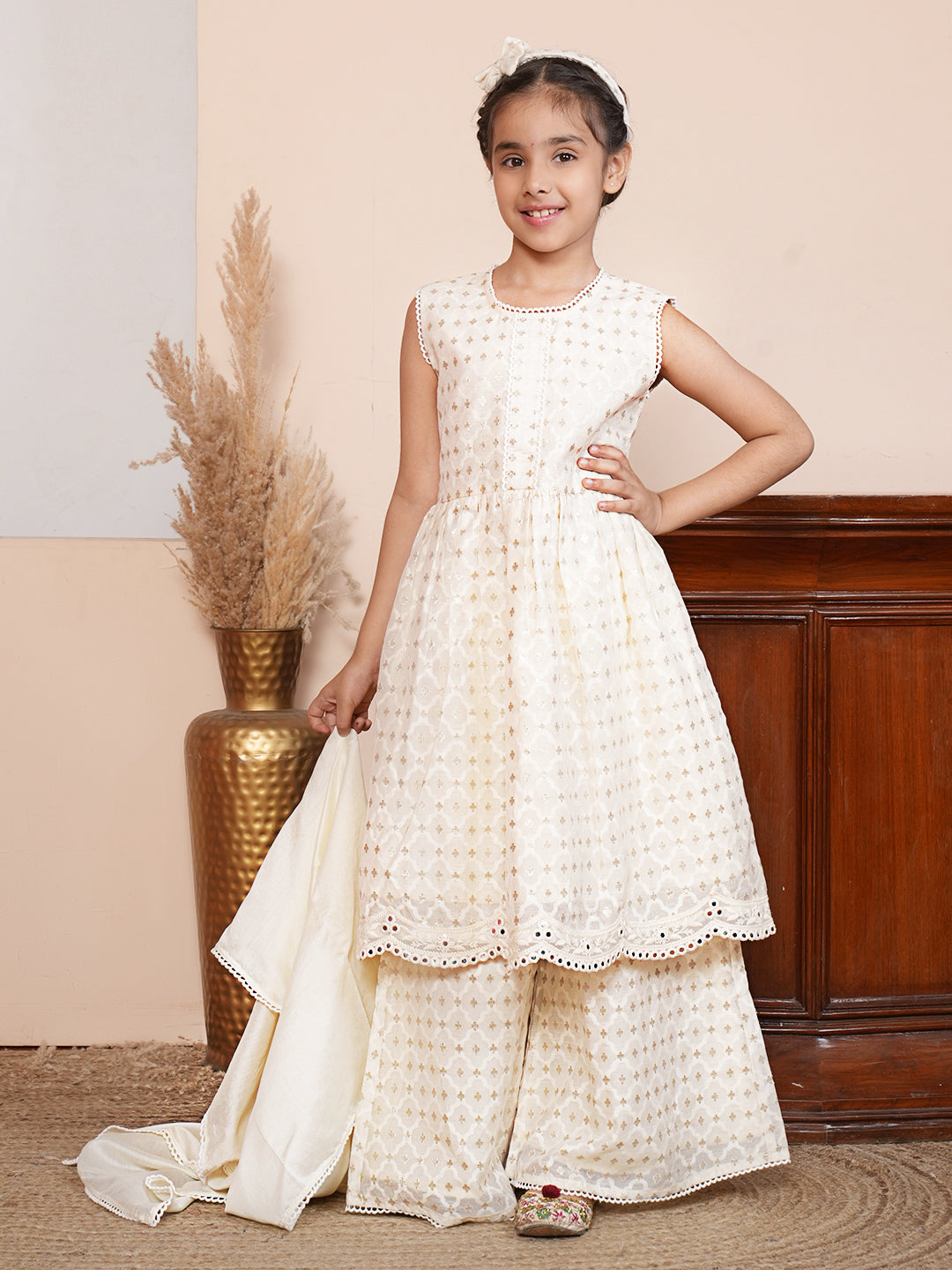 Lace work off white kurta set
