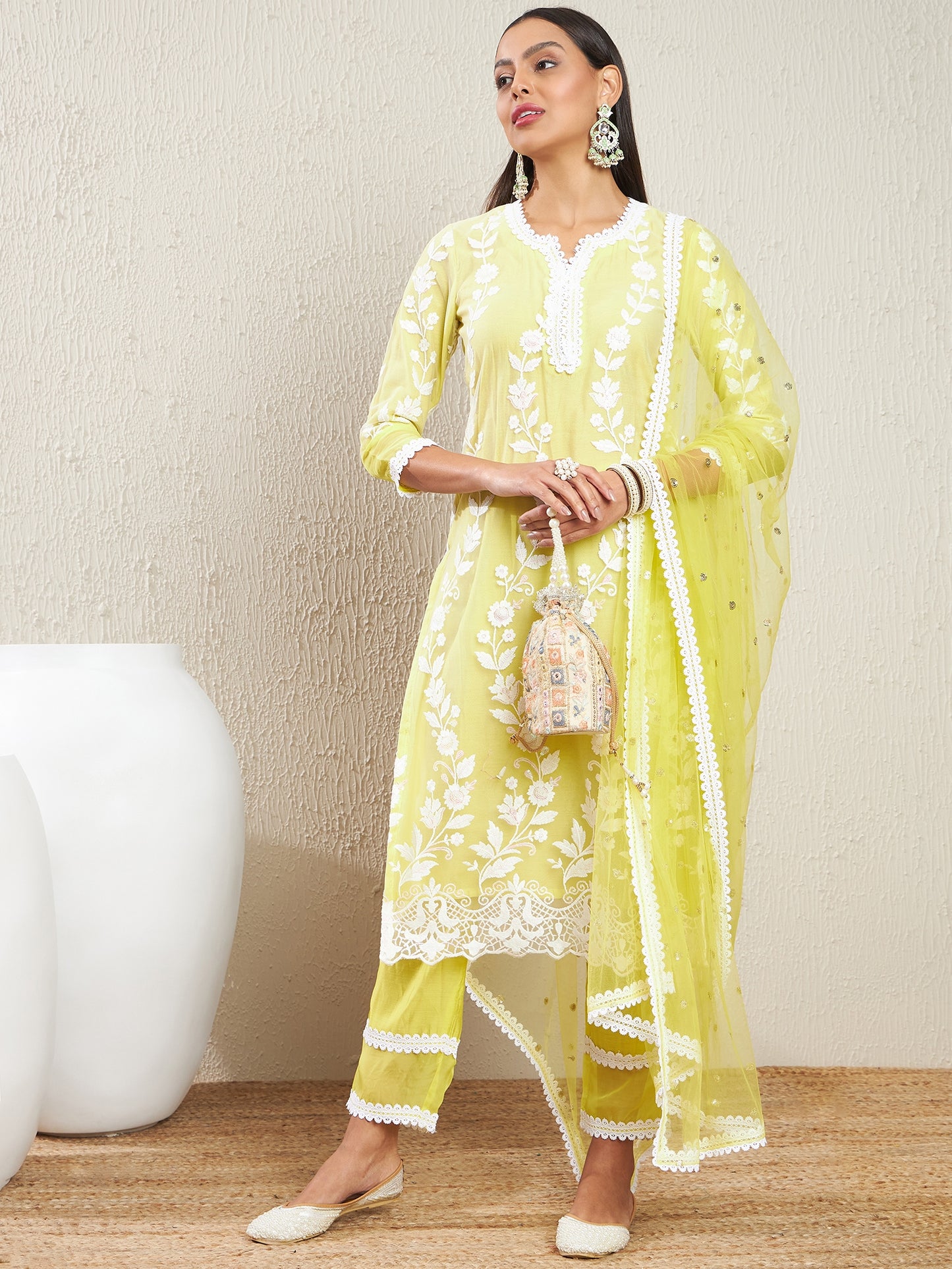 Embroidered Notch Neck Sequinned Straight Kurta With Trousers & Dupatta