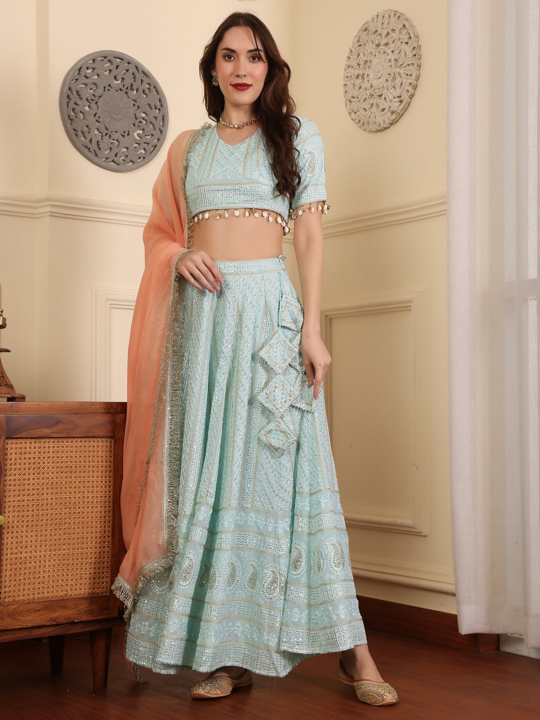 Embroidered Sequinned Lehenga & Blouse With Dupatta