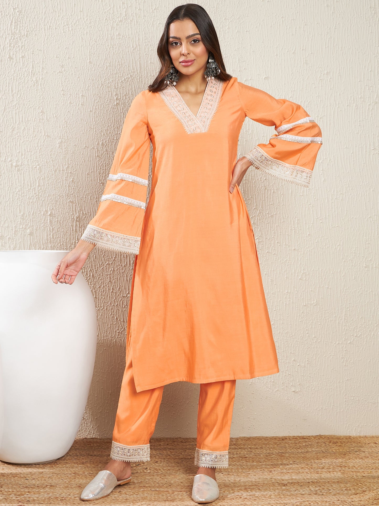 V-Neck Flared Sleeves Thread Work Kurta with Trousers