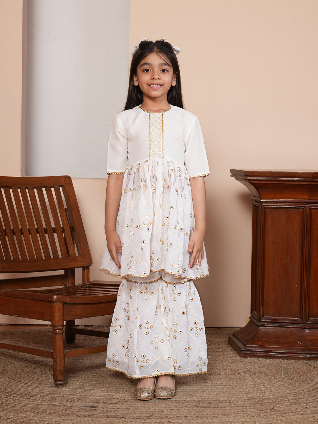Mirror work white kurta set with Dupatta