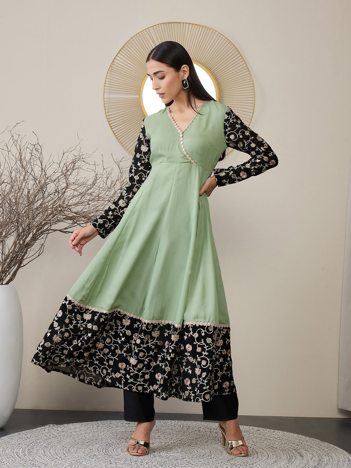Women Floral Embroidered Angrakha Sequinned Kurta with Trousers & With Dupatta