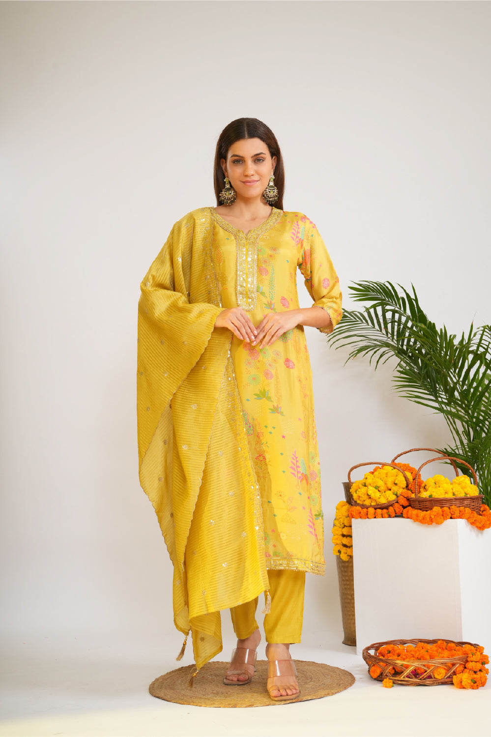 Women Floral Printed Regular Mirror Work Kurta with Trousers & With Dupatta