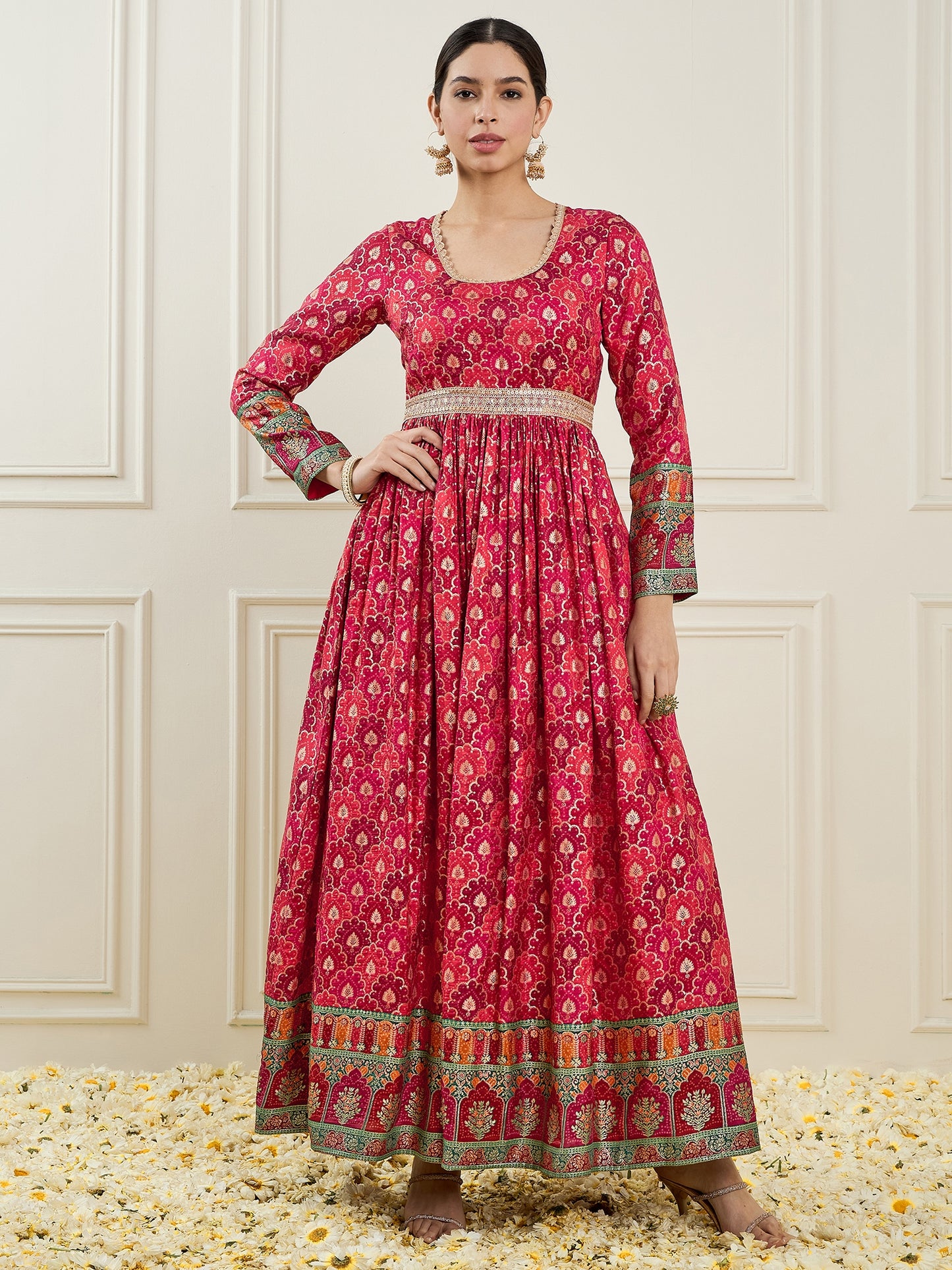 Ethnic Motifs Printed Gathered Detailed Silk Maxi Dress With Dupatta