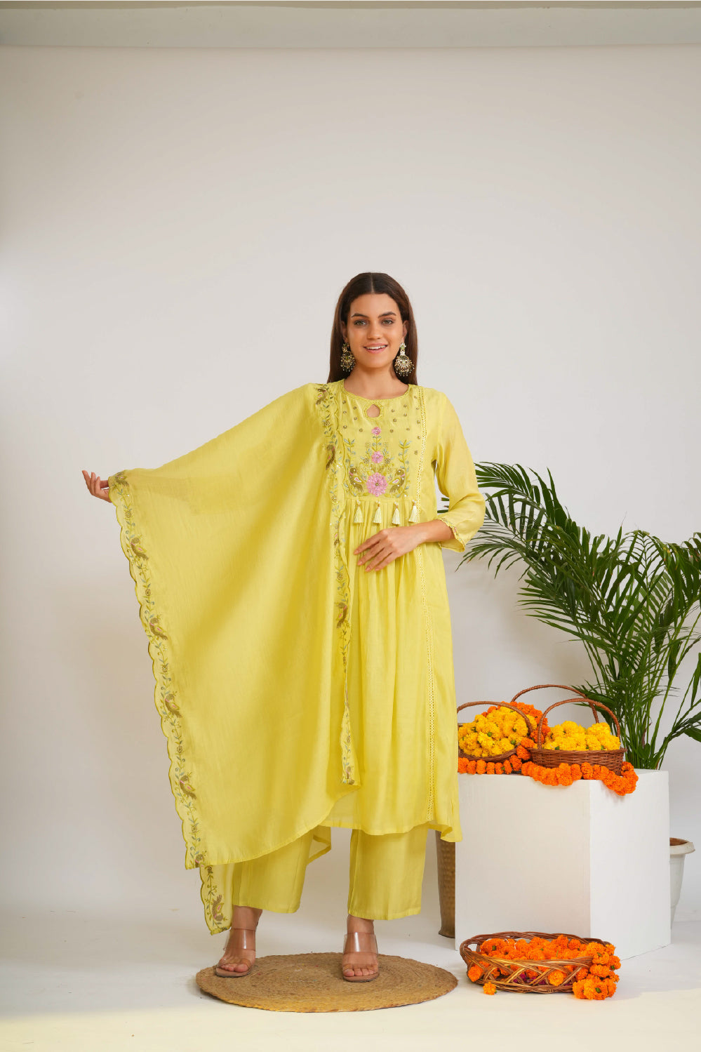 Women Floral Embroidered A-Line Kurta with Palazzos & Dupatta