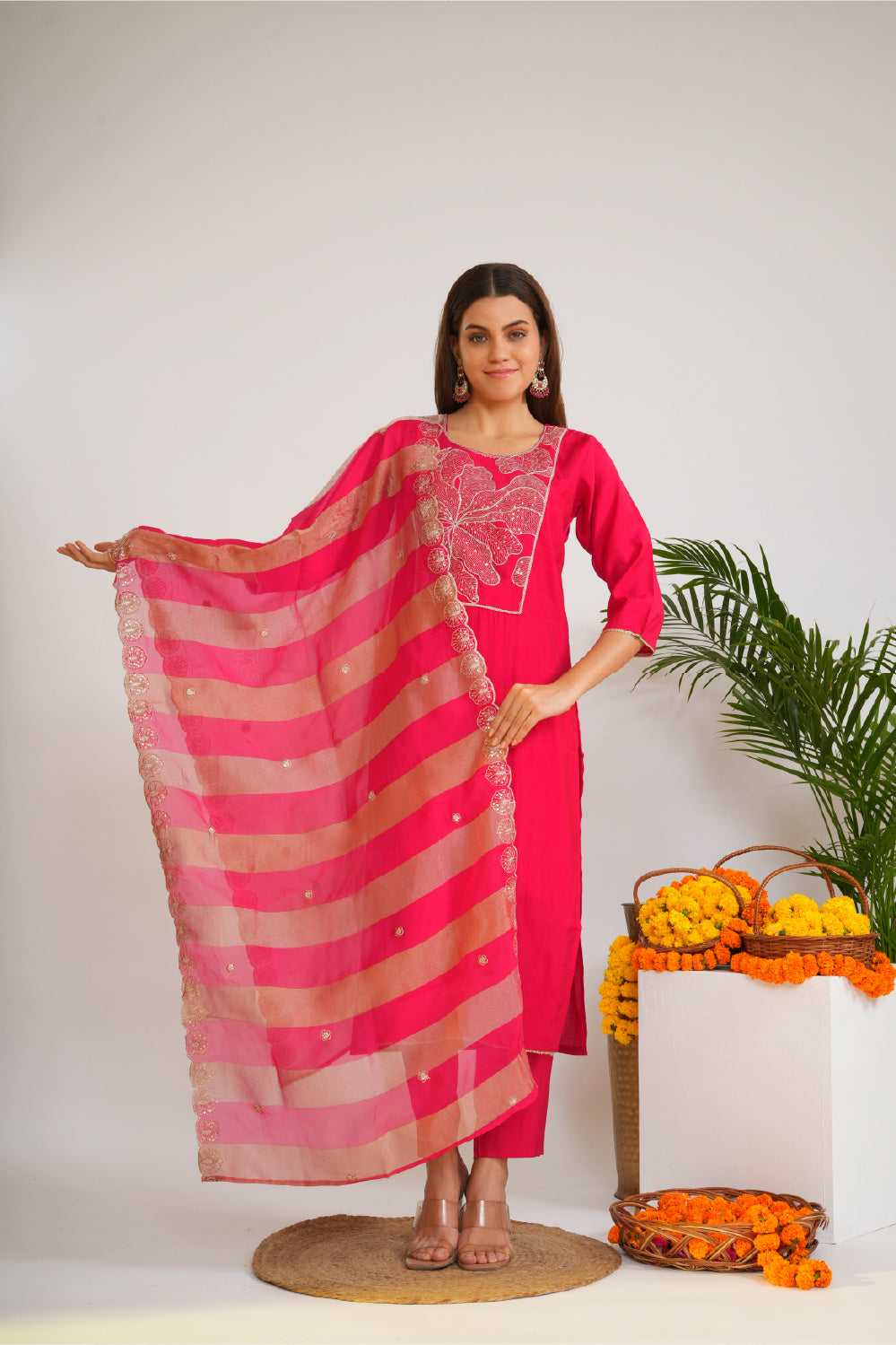 Floral Embroidered Thread Work Straight Kurta With Trousers & Dupatta