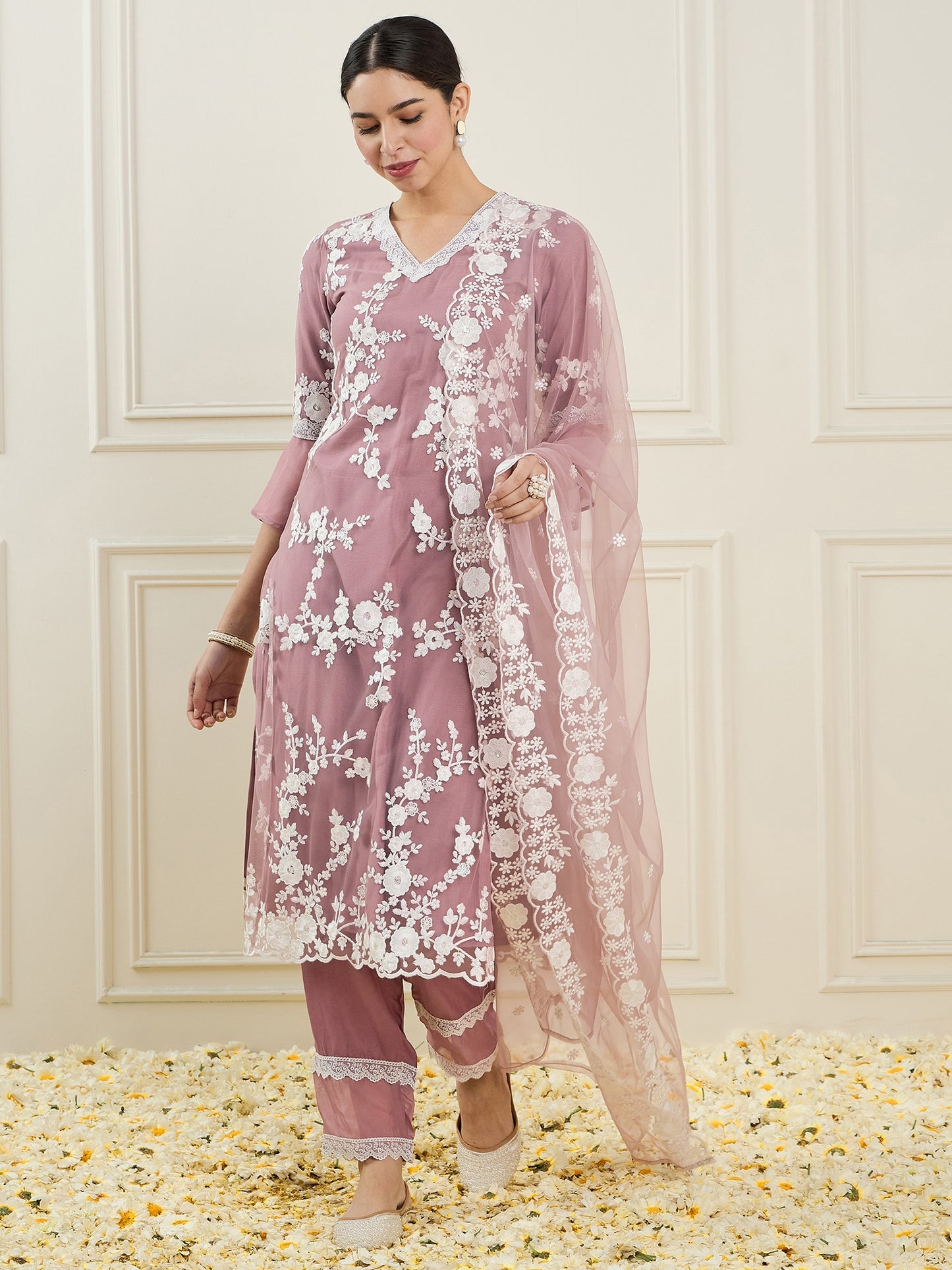 Floral Embroidered V-Neck Regular Straight Kurta With Trousers & Dupatta