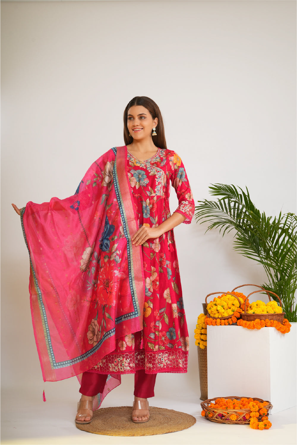 Women Floral Printed Cotton A-Line Kurta with Trousers & Dupatta