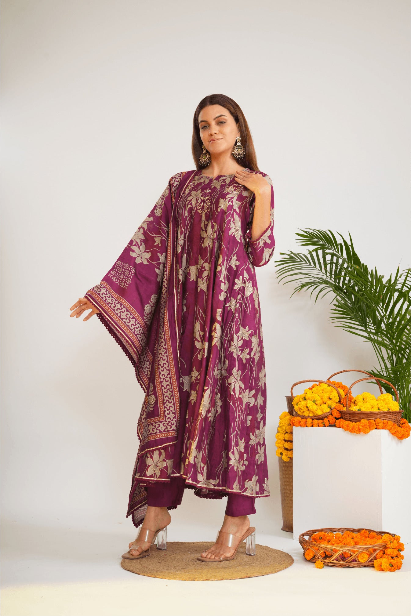 Women Floral Printed Cotton Anarkali Kurta with Trousers & Dupatta