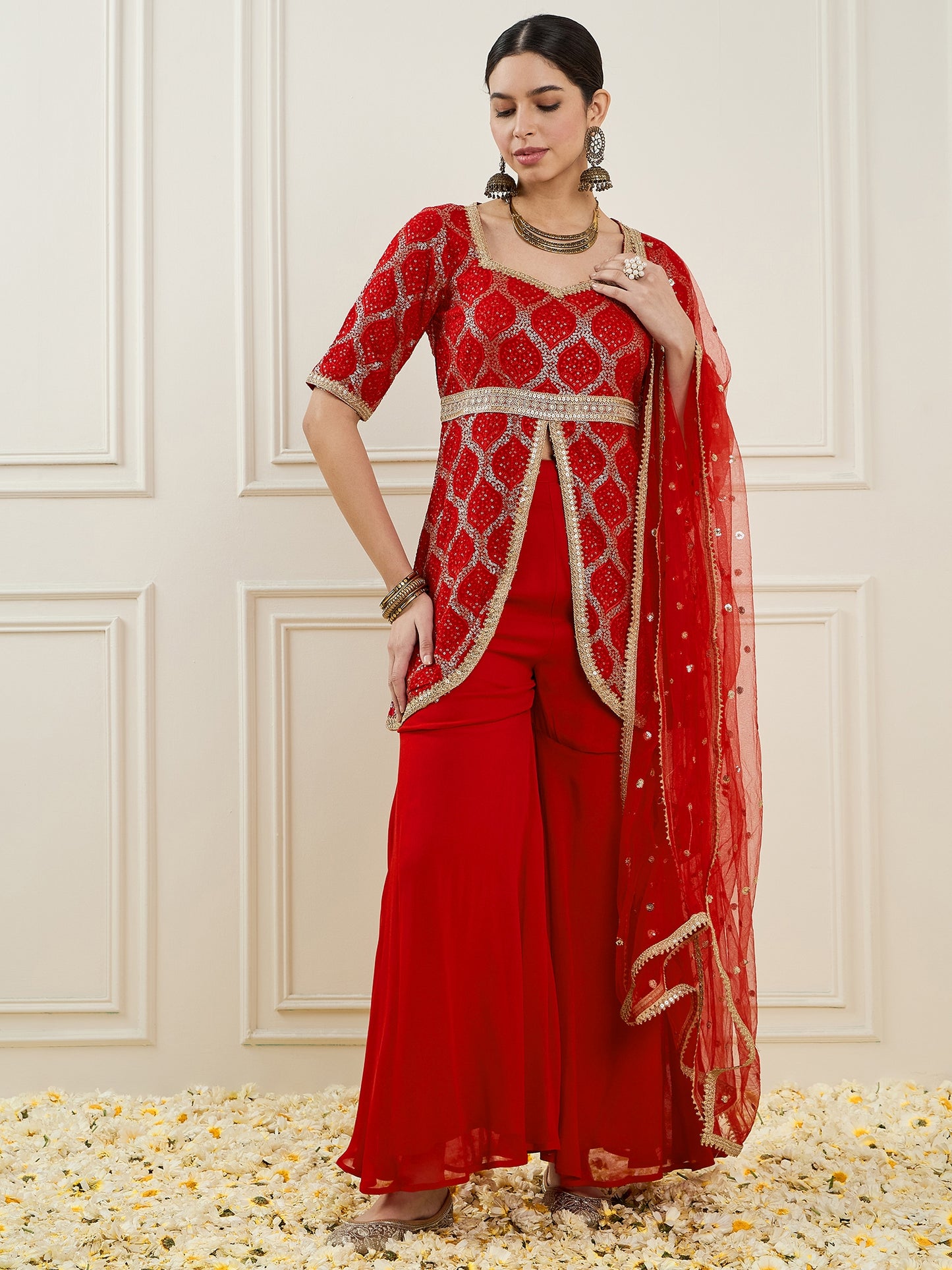 Women Embroidered High Slit Sequinned Silk Georgette Kurta with Sharara & With Dupatta