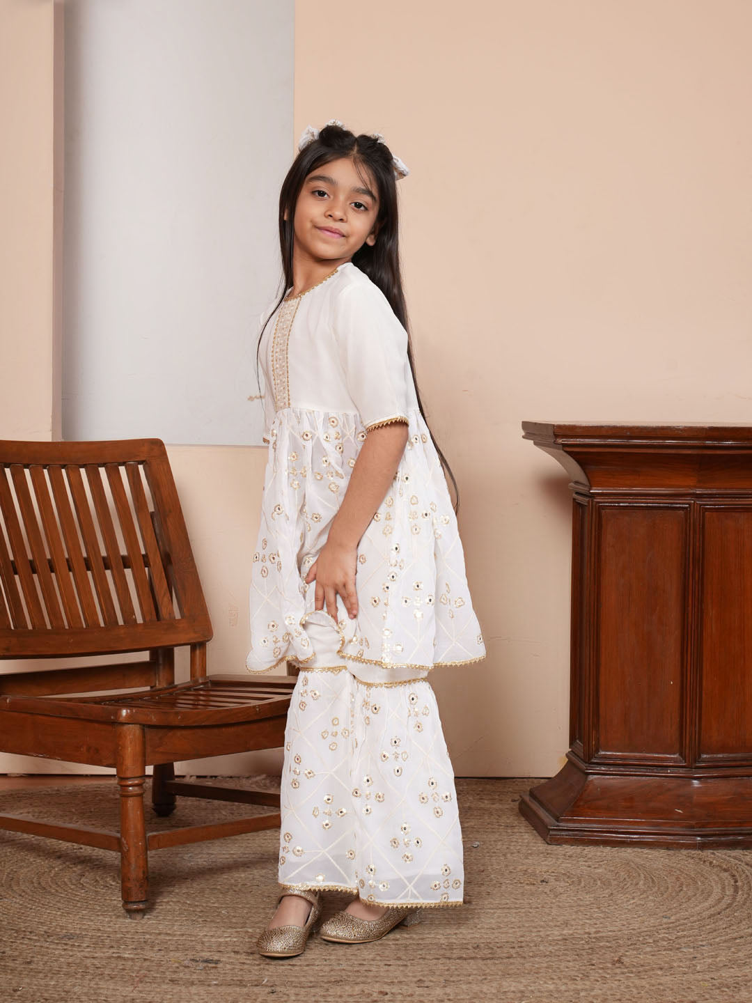 Mirror work white kurta set with Dupatta
