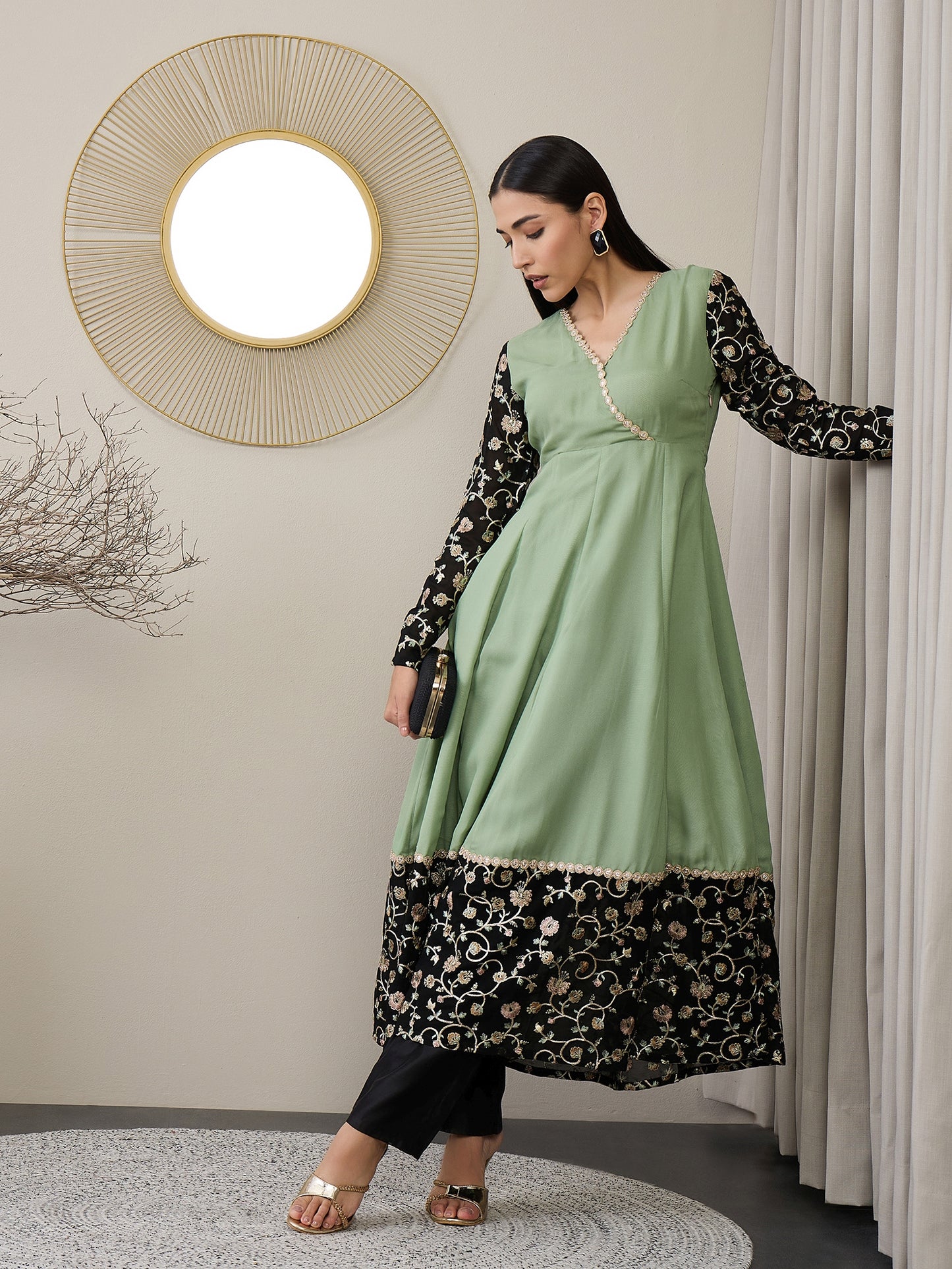 Women Floral Embroidered Angrakha Sequinned Kurta with Trousers & With Dupatta