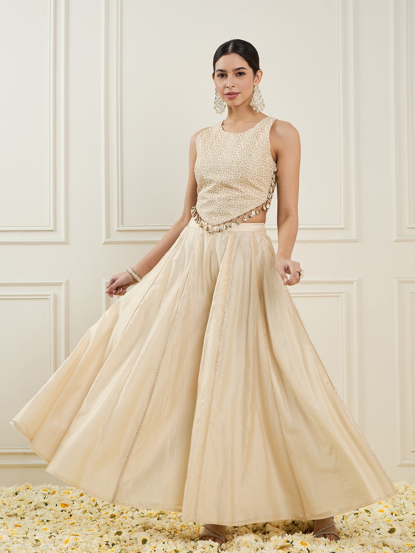 Embroidered Round Neck Top With Palazzos