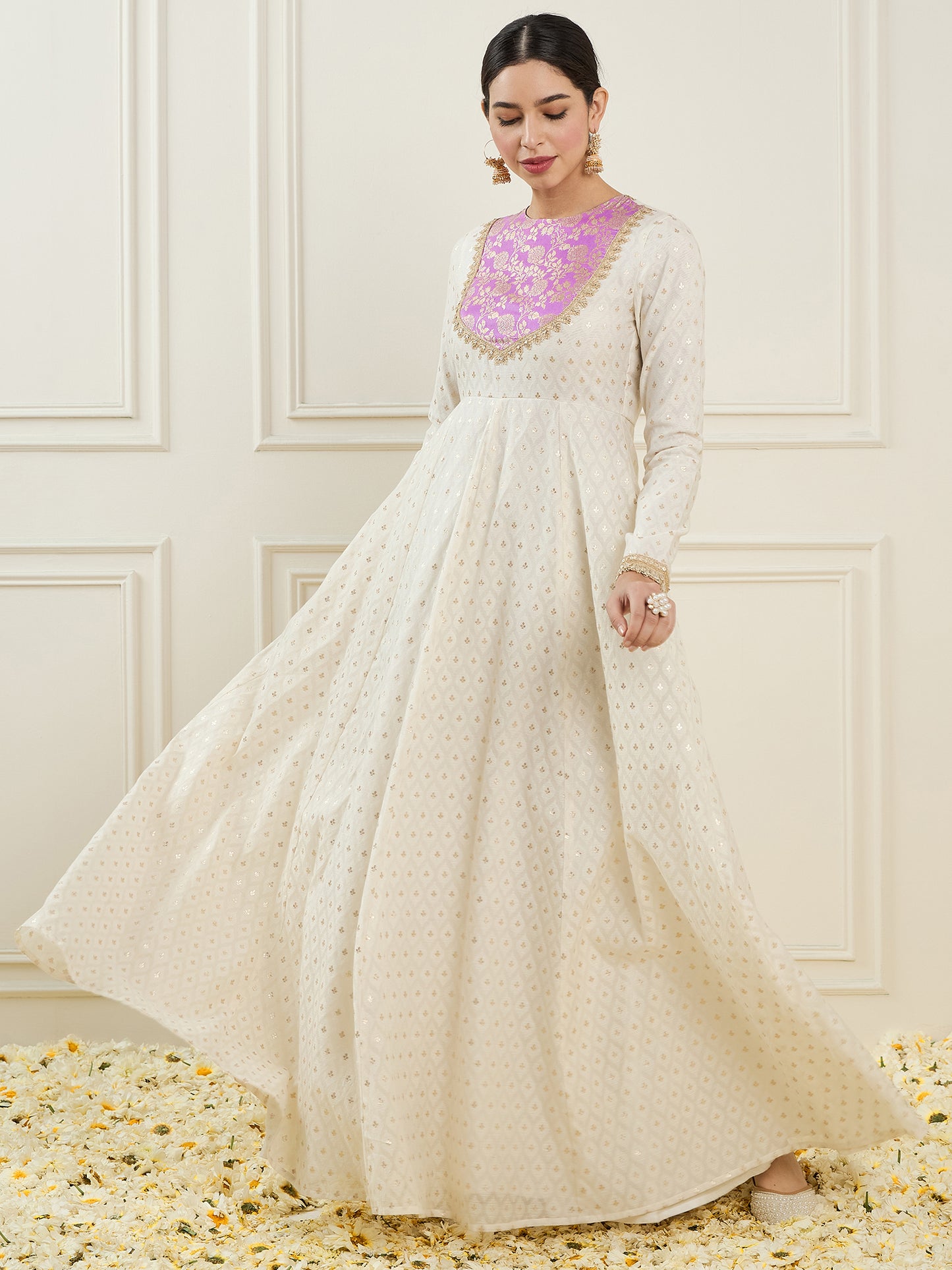Ethnic Motifs Yoke Design Gotta Patti Chanderi Silk Kurta with Churidar & Dupatta
