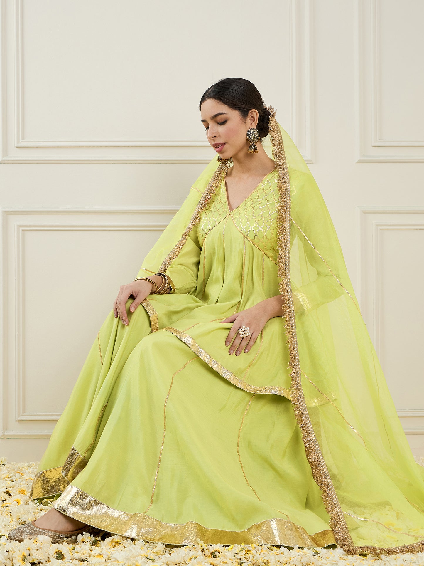 Empire V-Neck Chanderi Silk A-Line Kurta with Palazzo & Dupatta