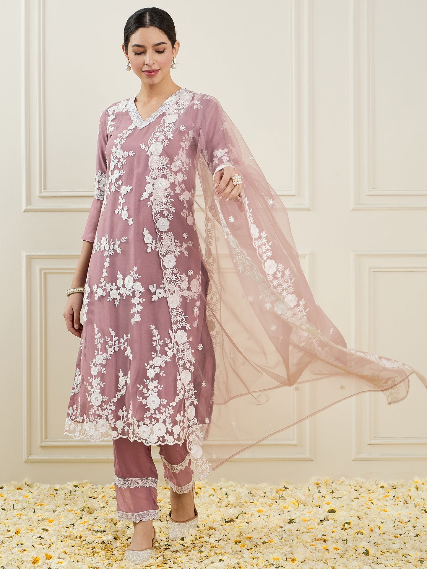Floral Embroidered V-Neck Regular Straight Kurta With Trousers & Dupatta