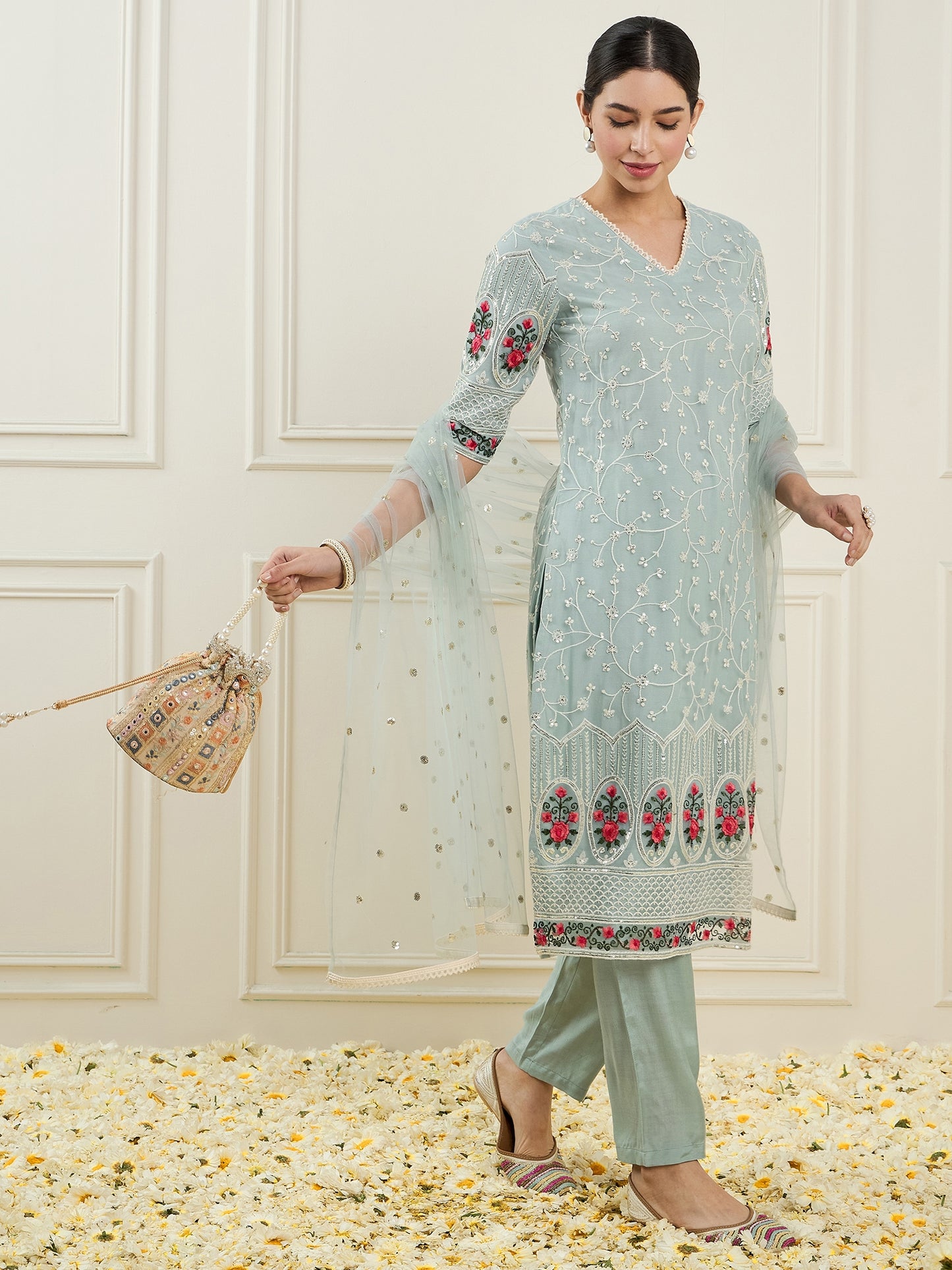 Ethnic Motifs Embroidered Sequinned Straight Kurta With Trouser & Dupatta