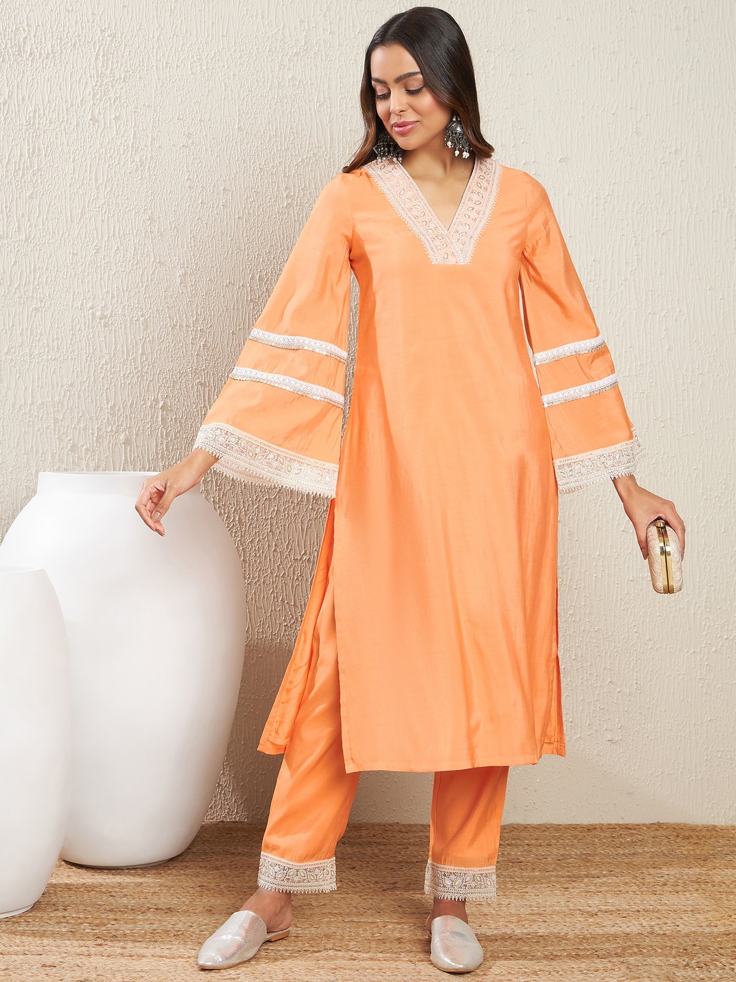 V-Neck Flared Sleeves Thread Work Kurta with Trousers
