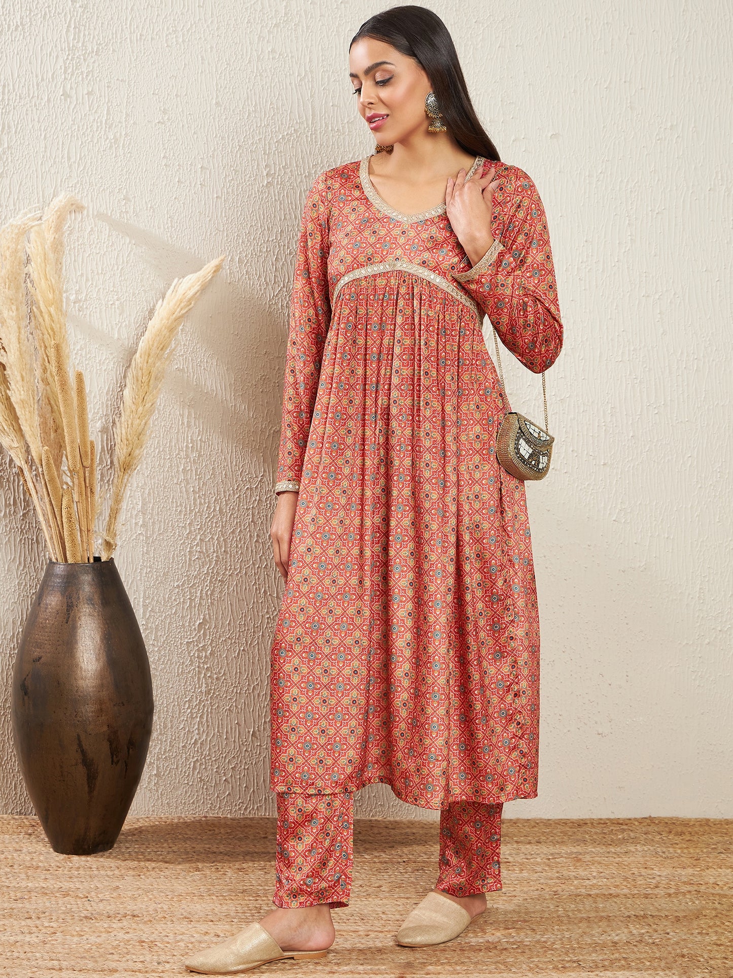 Printed Empire Silk Crepe Kurta & Trousers
