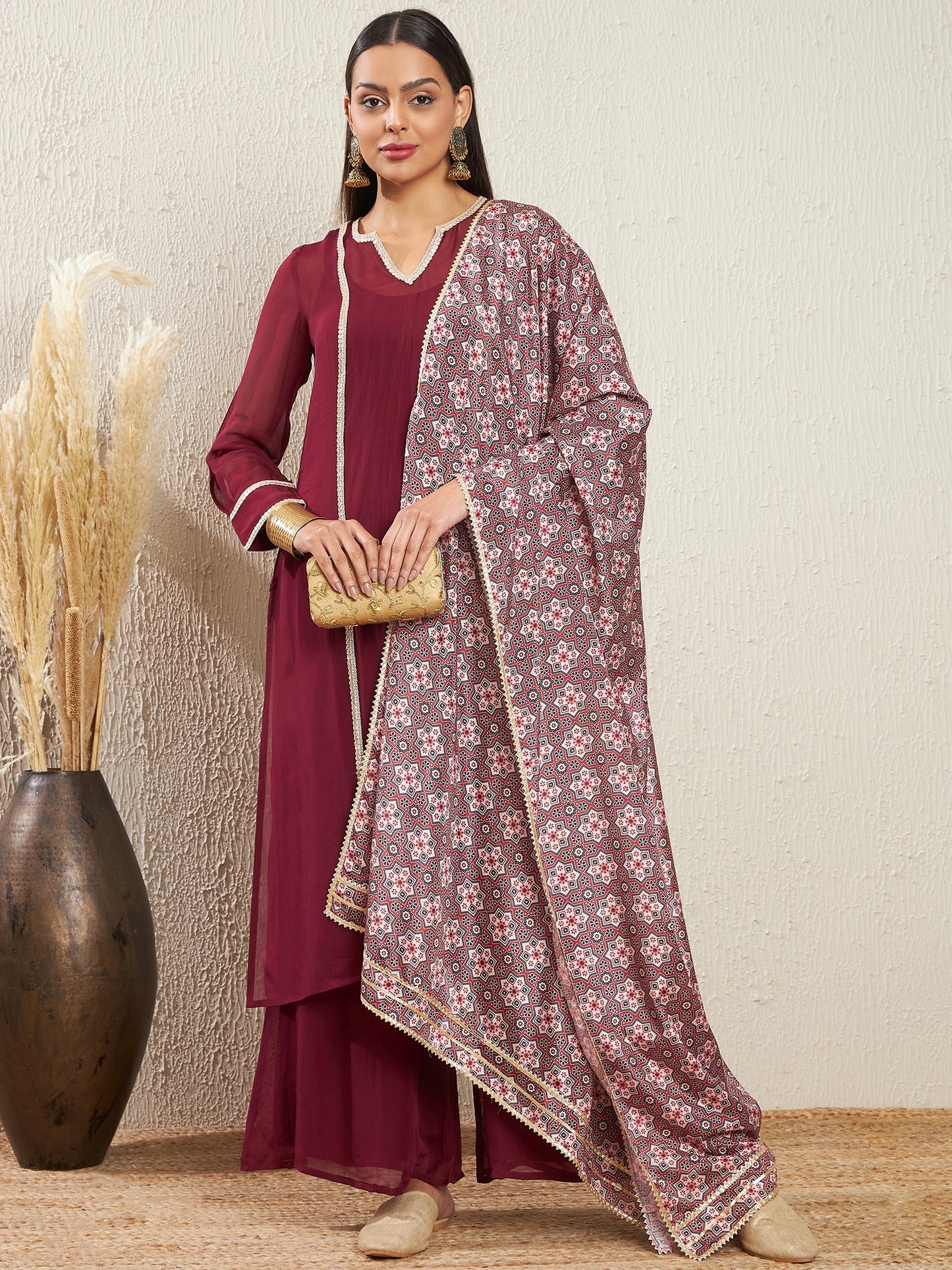 Notch Neck Regular Sleeves Gotta Patti Kurta With Palazzos & Dupatta
