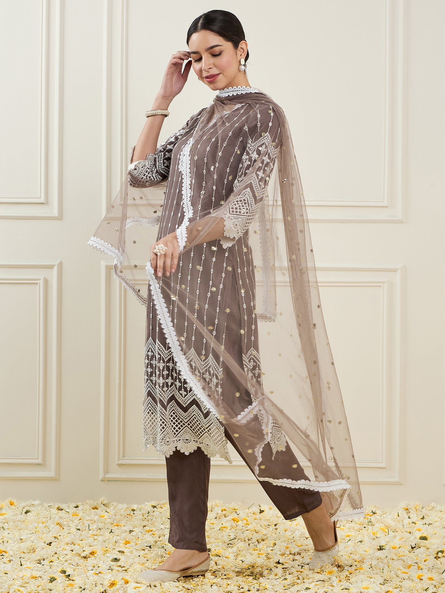 Embroidered Sequinned Straight Kurta with Trousers & Dupatta