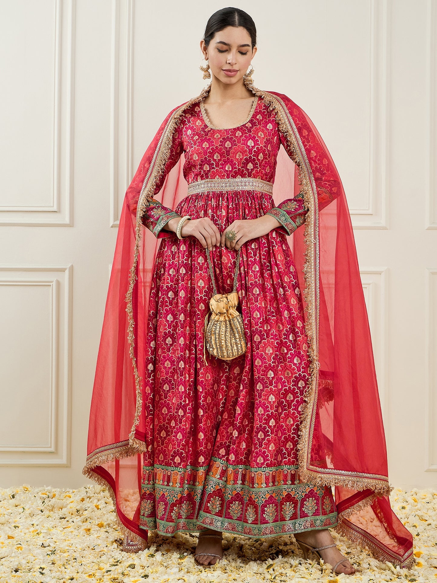 Ethnic Motifs Printed Gathered Detailed Silk Maxi Dress With Dupatta