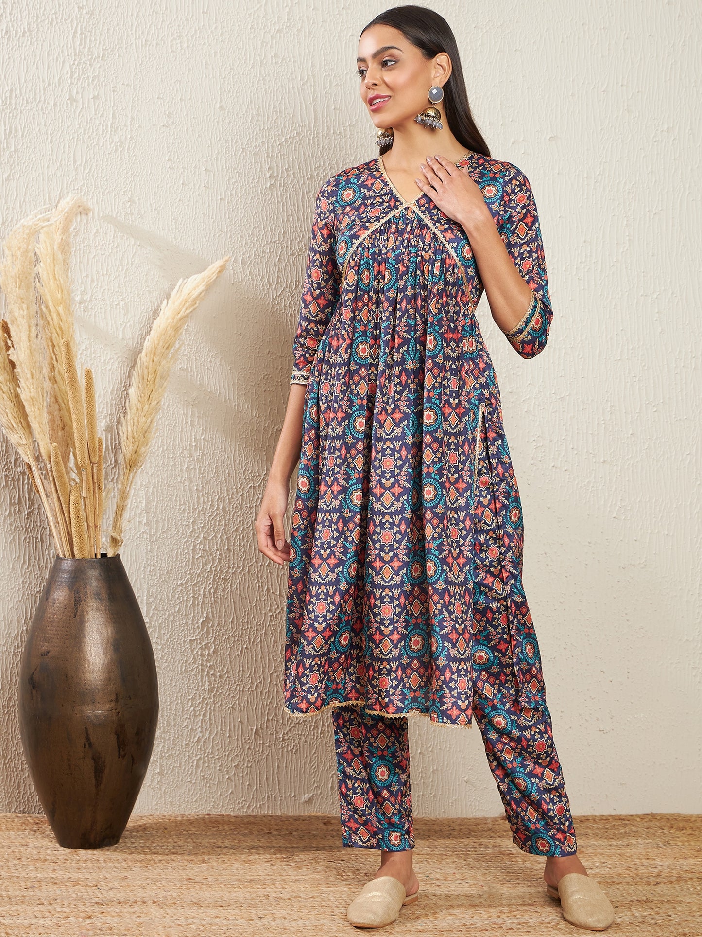 Ethnic Motifs Printed Empire Silk Crepe Kurta & Trousers