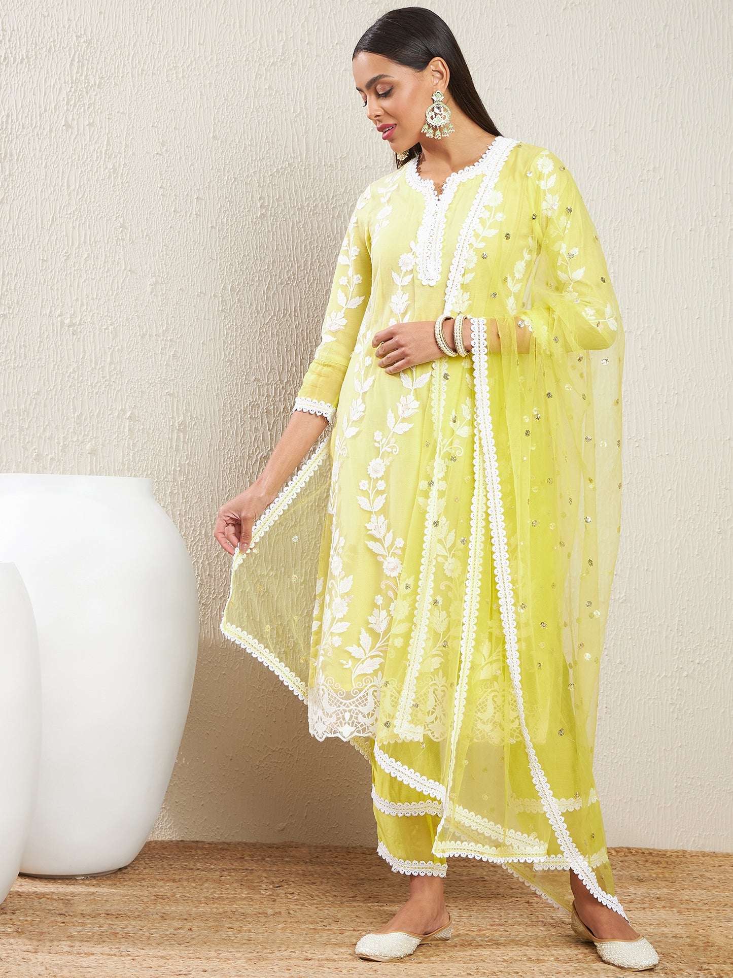 Embroidered Notch Neck Sequinned Straight Kurta With Trousers & Dupatta